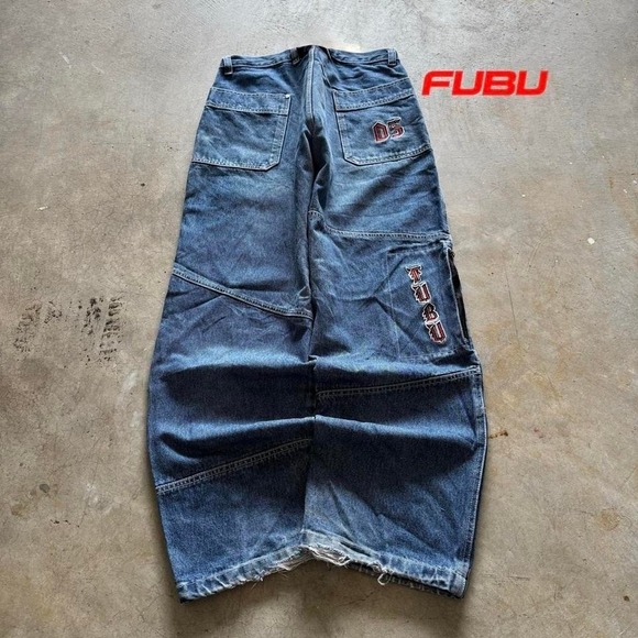 Baggy Fubu Wide Leg Jnco Styl Big Pocket Denim Y2k Vintage Jeans 34x32